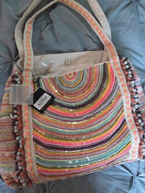 America & Beyond Colorful Embellished Multicolor Tote Bag with Pom Trim